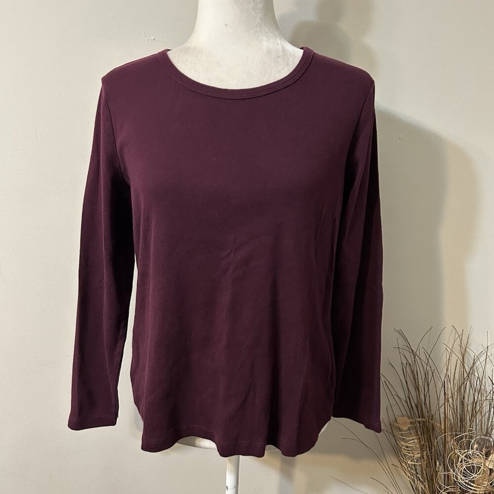 St. John’s Bay Women Long Sleeve Round Neck T-shirt Top Burgundy 100% Cotton PL